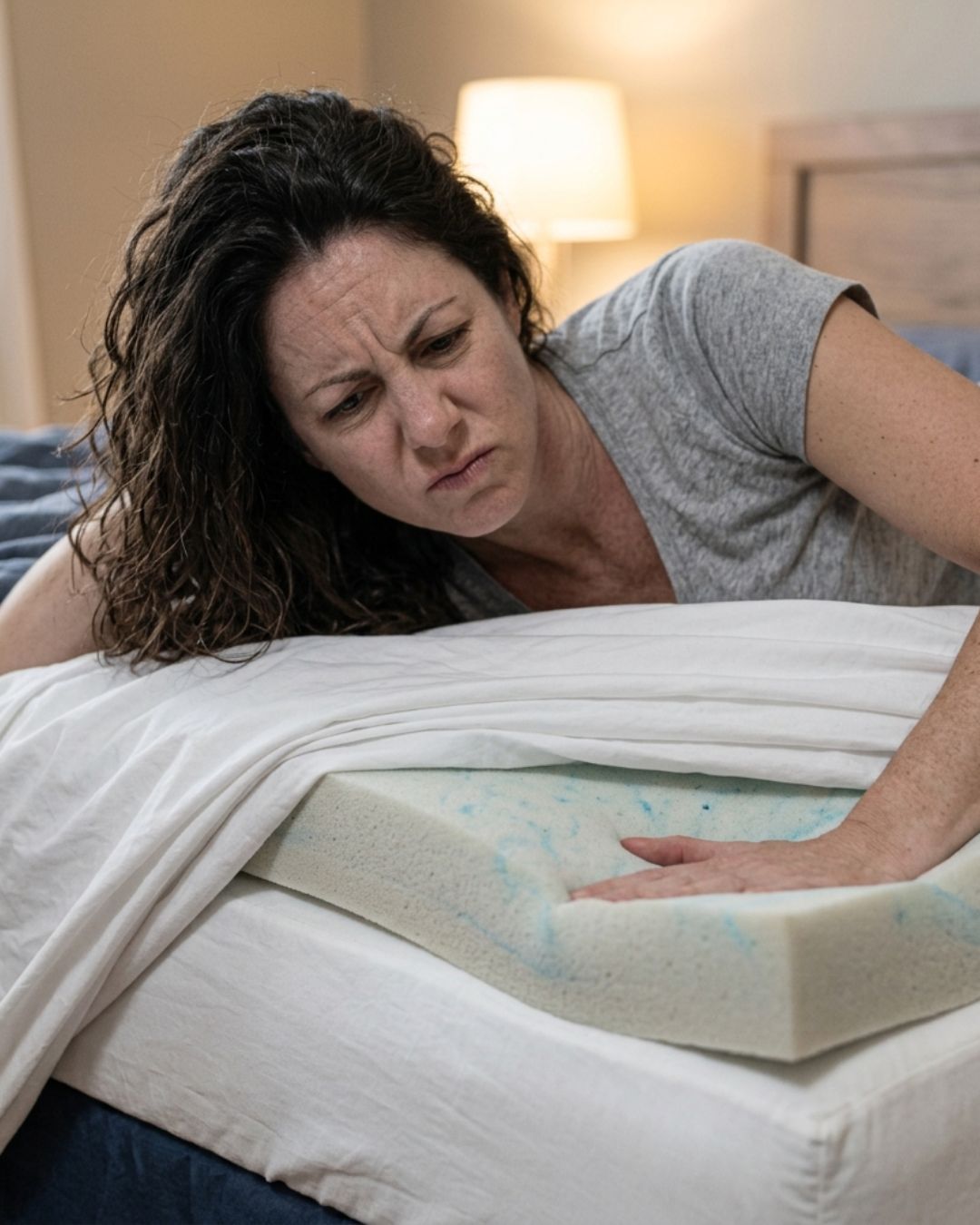 A woman with curly dark hair lies in bed, pressing her hand onto a thick, white memory foam mattress topper with blue cooling gel channels visible on the surface.