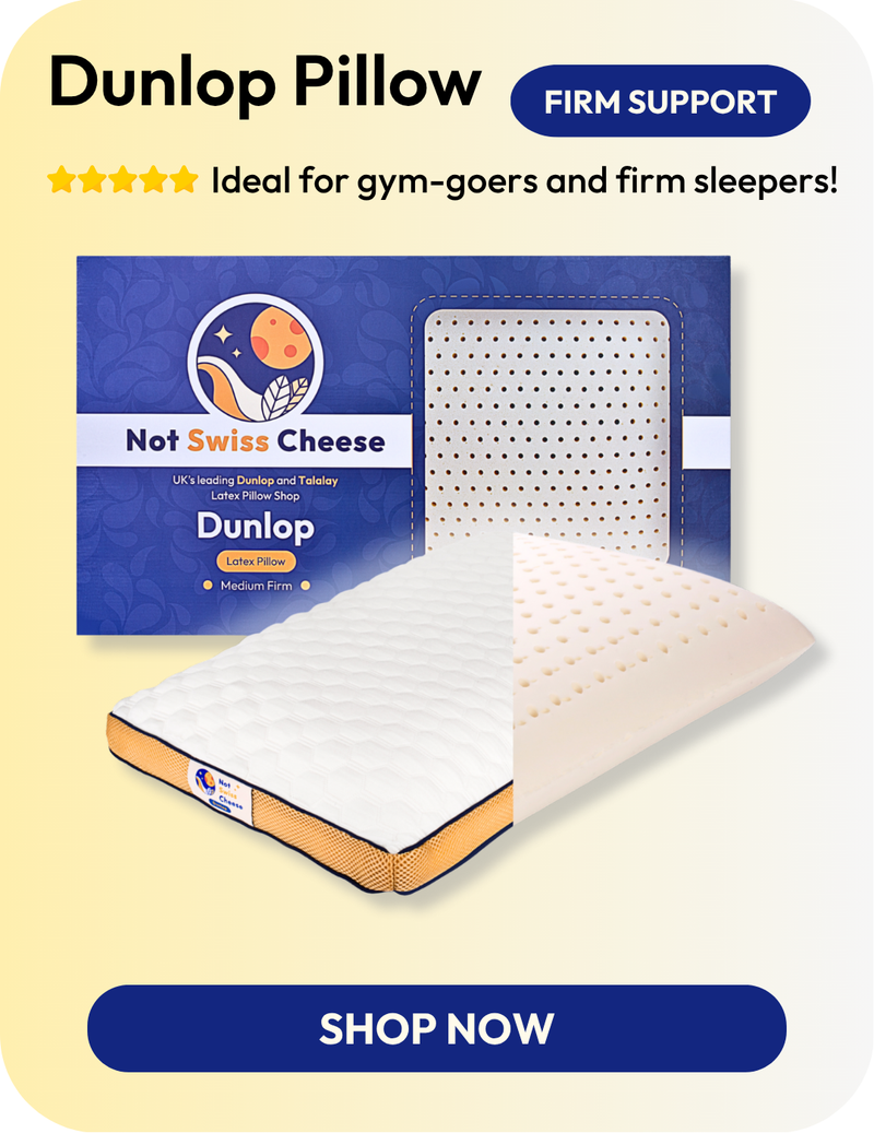 Dunlop latex pillow showing perforated core and quilted cover